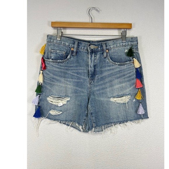 BLANKNYC Pants - Boho Festival BLANKNYC Womens 27 Blue Distressed Tassel Trim High Rise Shorts